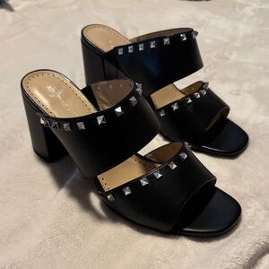 Adrienne Vittadini Black Studded Double-Band Block Heel Slides